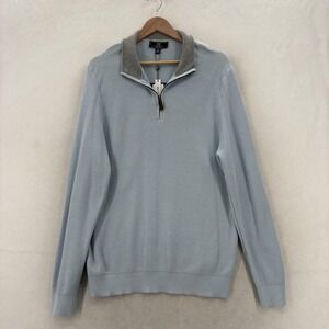 Magaschoni Sweater Mens Large Blue 100% Cotton 1/4 Zip Mock Neck Knit Pullover